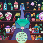 Illustration of a wizard frog standing in front of a shelf filled with magical items, the crystal ball in front of him says: I see treats in your future.