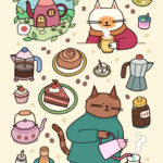 Illustrated café items on a plain background.