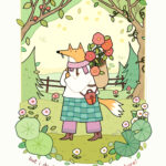Spot illustration of a fox carrying a basket filled with flowers on his back, the text says: I don't know what lies ahead ... but I do know it will be an adventure.