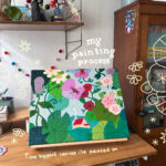 Photo layout showing a finished painting, text says: my painting process - the biggest canvas I've painted on.