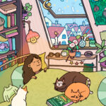 Illustration of a girl lying in her bed with the window open.