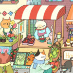 Illustration of a farmers market with cats working behind a fruit, flower and honey stand.